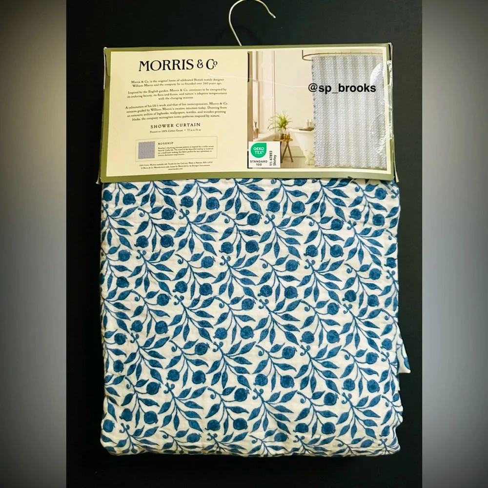 🎁MORRIS & Co. Shower Curtain - Cotton Gauze Rosehip Blue and White - 72”x72”